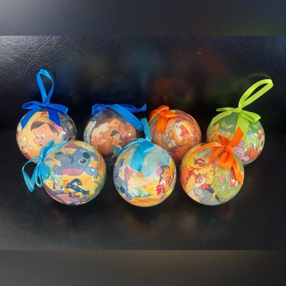LOT of 7 Disney Store Christmas ball ornament shatterproof round Xmas lilo pooh